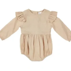 Shop All|Babe Basics - Flutter Sleeve Linen Baby Romper, Oatmeal - cutbabycare.com | baby boutique & care hub