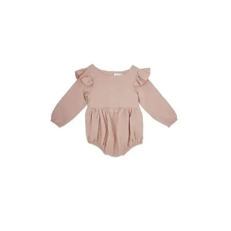 Shop All|Babe Basics - Flutter Sleeve Linen Baby Romper, Blush - cutbabycare.com | baby boutique & care hub