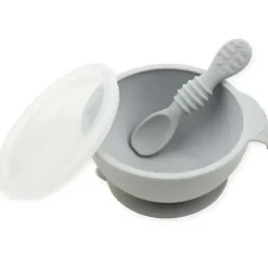 Shop All|Bumkins - Silicone First Feeding Set with Lid & Spoon, Gray - cutbabycare.com | baby boutique & care hub