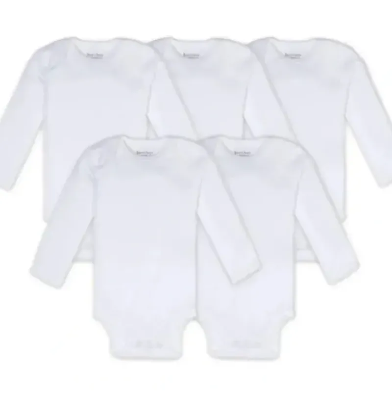 Shop All|Burts Bees - 5Pk Bee Essential Long Sleeve Bodysuit, Cloud - cutbabycare.com | baby boutique & care hub
