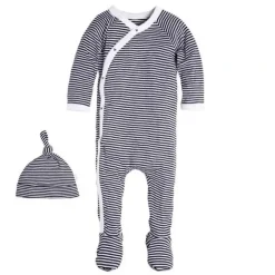 Shop All|Burt's Bees Kimono Footed Navy Striped Organic Baby Romper & Hat, Midnight - cutbabycare.com | baby boutique & care hub