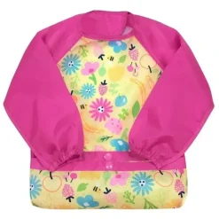 Health Safety|Iplay - Snap & Go Long Sleeve Bib, Pink Bee Floral - cutbabycare.com | baby boutique & care hub