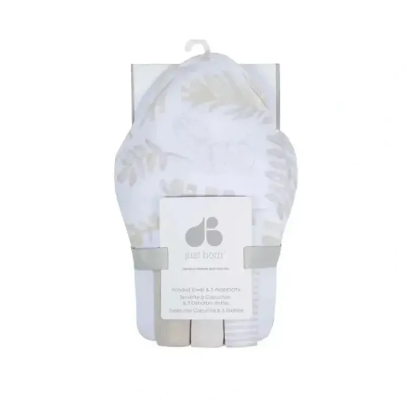Bath Potty|Just Born - 4Pk Hooded Bath Towel & Washcloths Set, Natural Foliage - cutbabycare.com | baby boutique & care hub