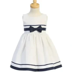 Shop All|Lito - Baby Girl Rayon Linen Dress With Bow, White/Navy - cutbabycare.com | baby boutique & care hub