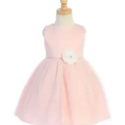 Shop All|Lito - Baby Girl Striped Tulle Dress With Rhinestone Trim & Flower At Waist, Light Pink - cutbabycare.com | baby boutique & care hub
