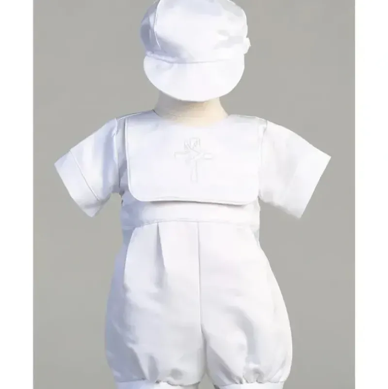 Shop All|Lito - Satin Romper With Embroidered 'Cross And Holy Spirit' On Bib Kenneth, White, 0/3M - cutbabycare.com | baby boutique & care hub