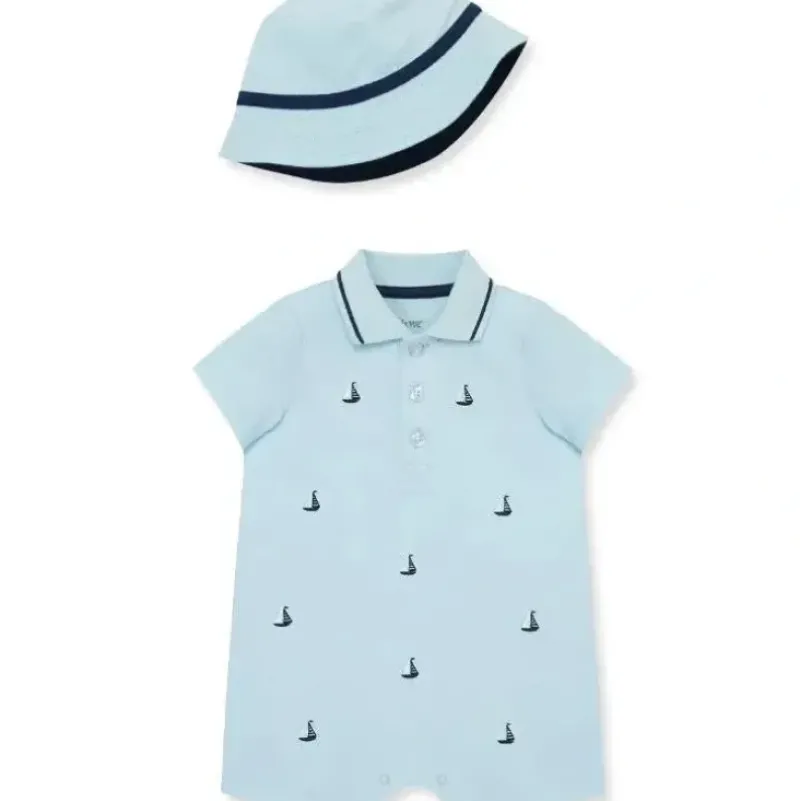 Shop All|Little Me - Baby Boy Sailboat Knit Romper & Bucket Hat - cutbabycare.com | baby boutique & care hub