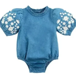 Shop All|Mud Pie - Embroidered Denim Baby Romper - cutbabycare.com | baby boutique & care hub