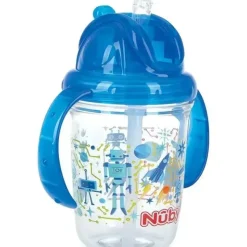 Nuby - Blue Tritan 2 Handle No-Spill Flip-it Fat Straw Printed Cup, 8Oz - cutbabycare.com | baby boutique & care hub* Best Sale