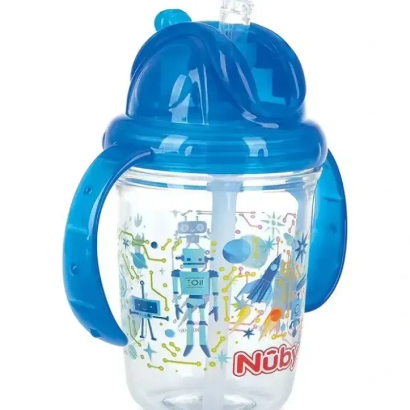 Nuby - Blue Tritan 2 Handle No-Spill Flip-it Fat Straw Printed Cup, 8Oz - cutbabycare.com | baby boutique & care hub* Best Sale