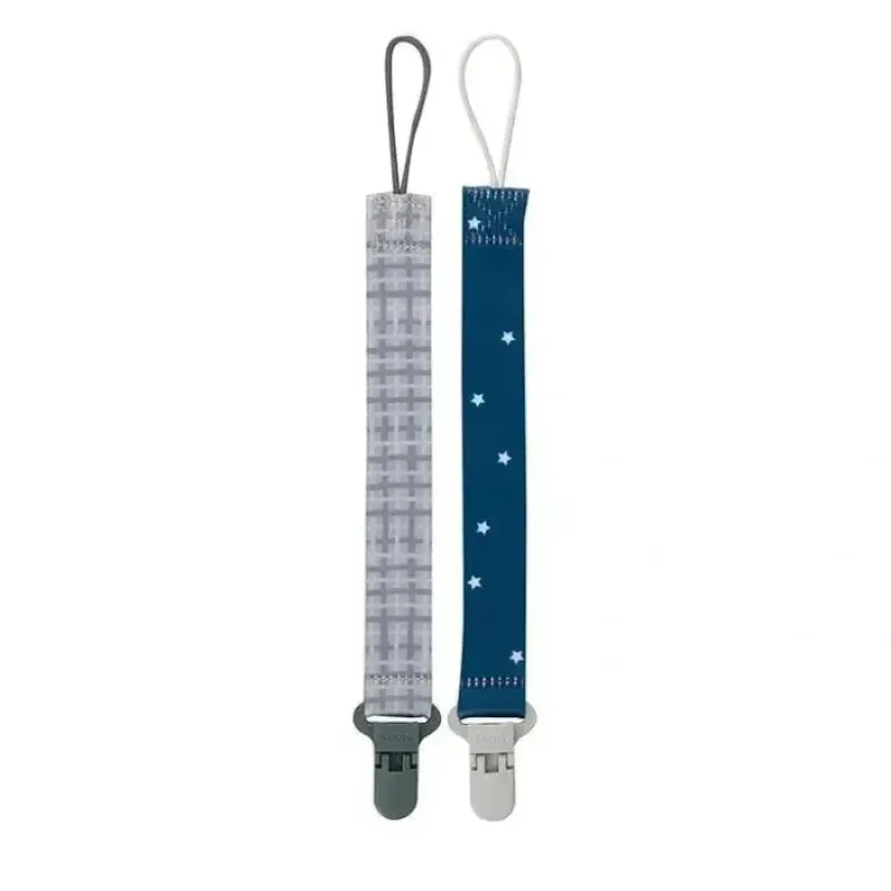 Nuby - Boy 2Pk Printed Fabric Pacifier Clip Holder With Plastic Clip, Gray Plaid/Blue Stars - cutbabycare.com | baby boutique & care hub* Fashion