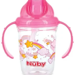 Nuby - Pink Tritan 2 Handle No-Spill Flip-it Fat Straw Printed Cup, 8Oz - cutbabycare.com | baby boutique & care hub* Online