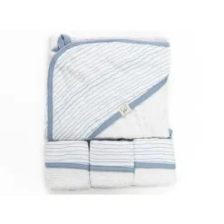 Piccolo Bambino Blue Striped Baby Hooded Towel & 3 Baby Washcloths Set - cutbabycare.com | baby boutique & care hub* New
