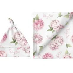 Sugar + Maple Personalized Small Blanket & Hat Set | Pink Peonies - cutbabycare.com | baby boutique & care hub* Flash Sale