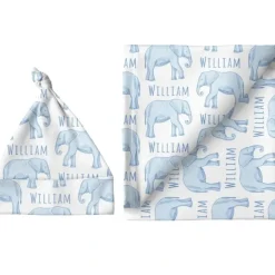 Shop All|Sugar + Maple Personalized Large Blanket & Hat Set | Elephant Blue - cutbabycare.com | baby boutique & care hub