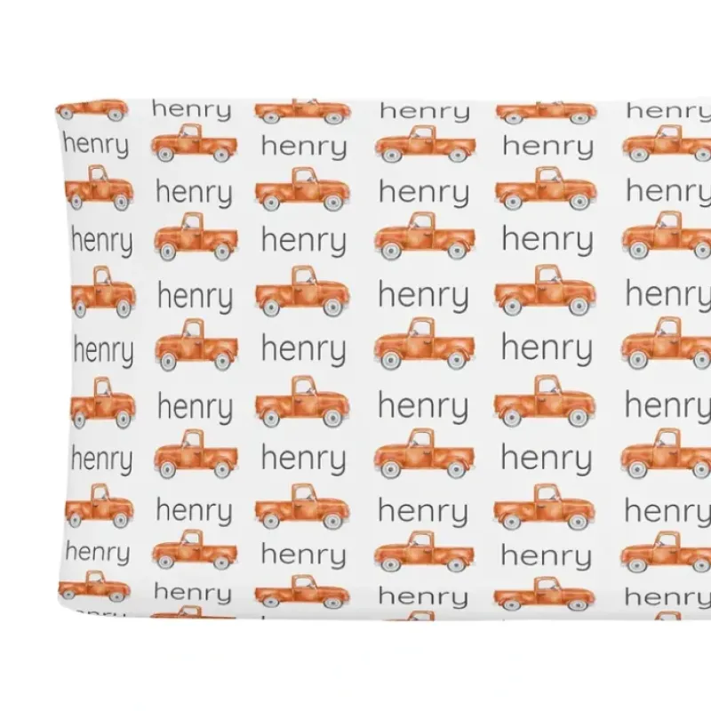 Sugar + Maple Personalized Changing Pad Cover | Truck Orange - cutbabycare.com | baby boutique & care hub* Outlet