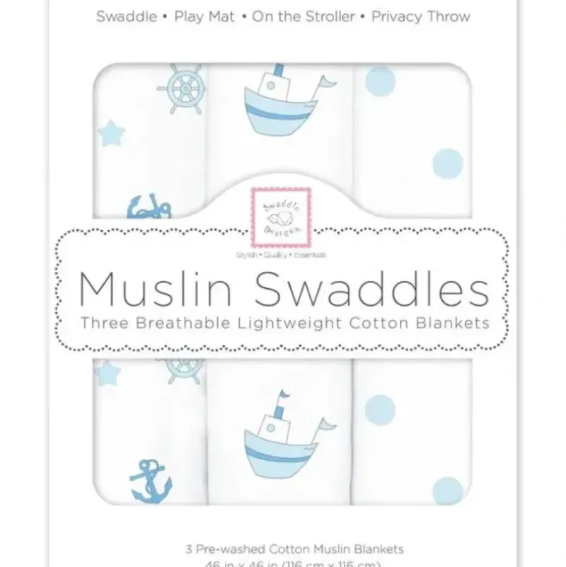 Shop All|Swaddle Designs - 3Pk Muslin Swaddle Blankets, Little Ships - cutbabycare.com | baby boutique & care hub
