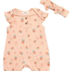 Willow + Whimsy - 2Pk Baby Girl Peach Romper With Headband - cutbabycare.com | baby boutique & care hub* Online